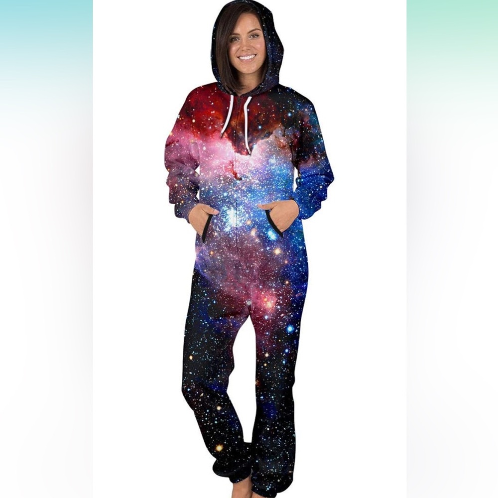 Women Men Long Sleeve Playsuit Adult Onesie Jumpsuit Pajamas space halloween